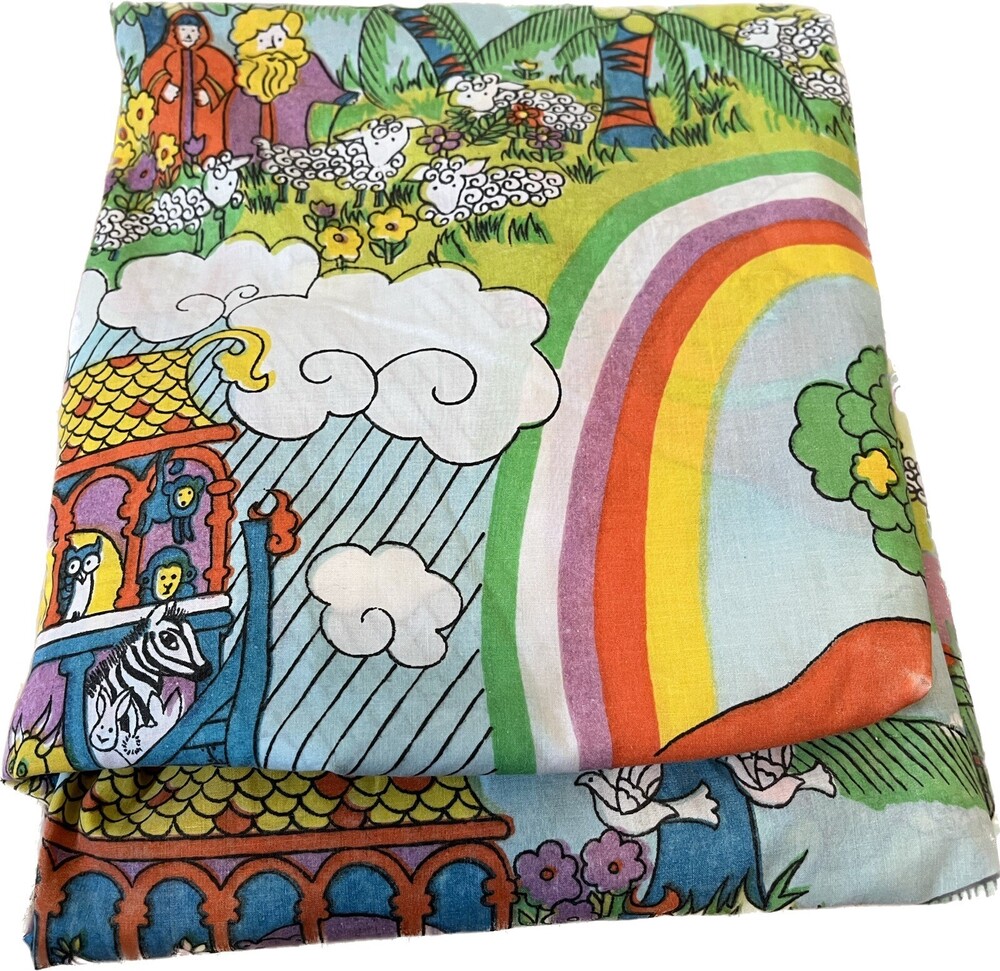 VTG Groovy Noah Ark Vintage Twin Fitted Bed Sheet Mod Psychedelic Colorful Sears